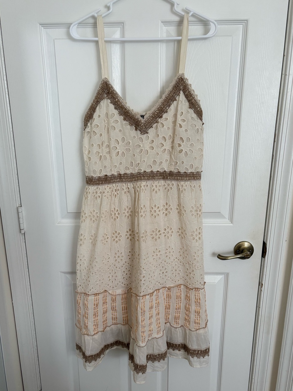 Cream Eyelet Midi Dress with Contrast Trim